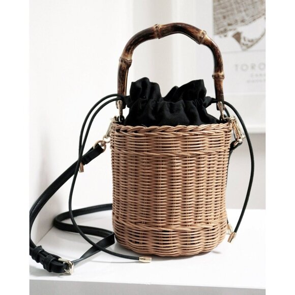 ZARA Black & Beige Woven Rattan Straw Crossbody Bucket Bag - Picture 3 of 8
